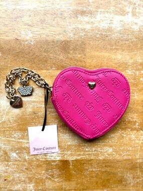 Juicy Couture Hot Pink Embossed Heart Coin Purse with Gold Chain Charms